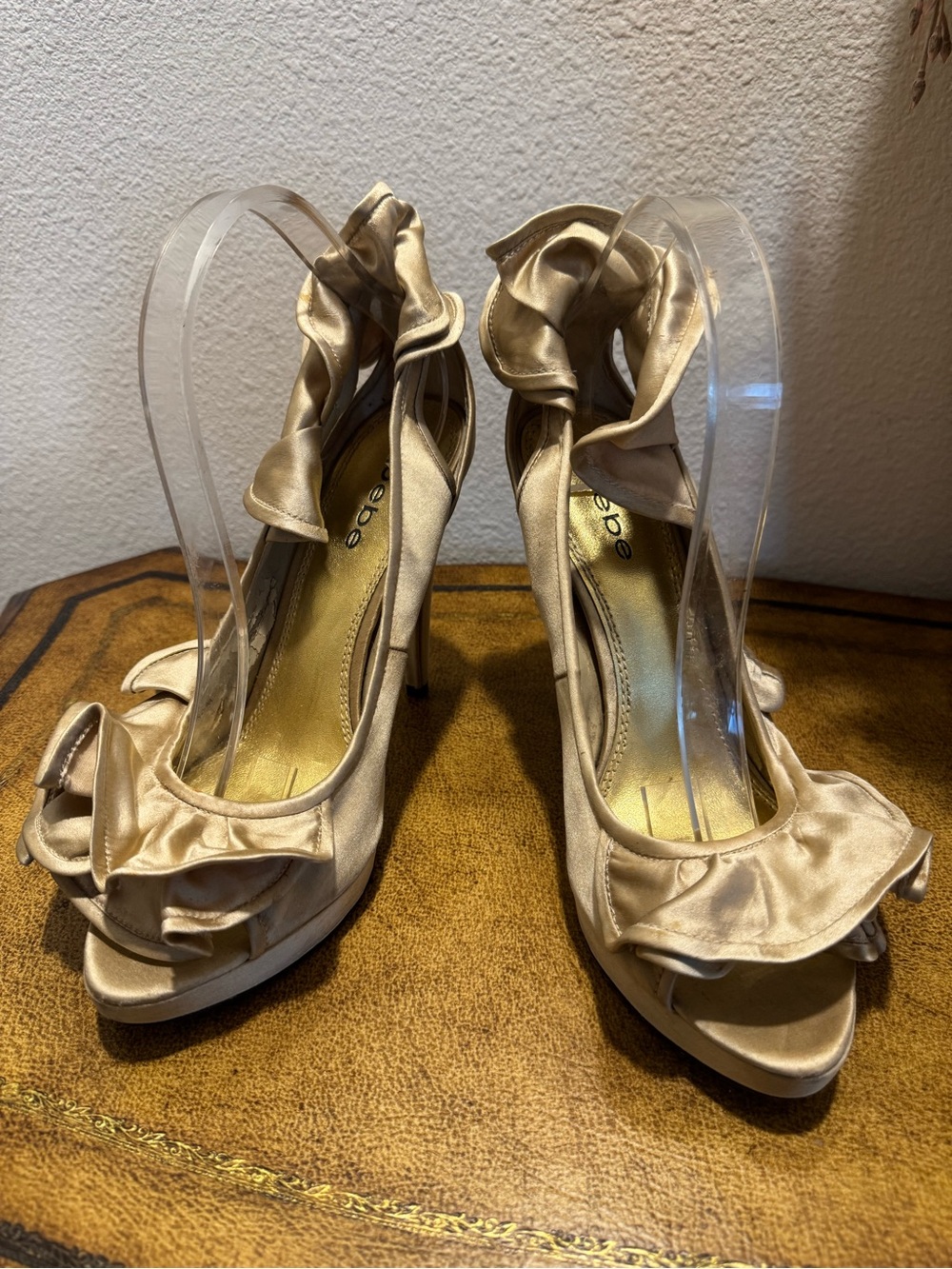 BEBE Ariel Champagne Satin Ruffle Peep-Toe Heels Size 10